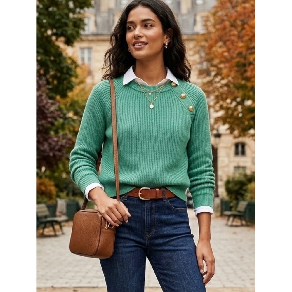J.Crew Green Cotton Blend Shaker Stitch Shoulder Button Sweater XS Gold Buttons - Picture 1 of 9